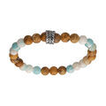 Bracelet junior en acier perles aspect bois et perle turquoise de synth&egrave;se et Howlite de synth&egrave;se avec perle feuille Artemare