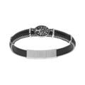 Bracelet en acier et cuir v&eacute;ritable noir pastille motif arbre de vie 20.5+1cm double fermoir