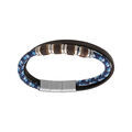 Bracelet en acier 2 rangs cuir v&eacute;ritable noir et cordon tresse bleu et multi rondelles 20+1cm double fermoir