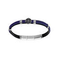 Bracelet en acier et cuir noir, cordon bleu et pastille motif roue 20+1cm double fermoir Artemare