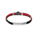 Bracelet en acier et cuir noir, cordon rouge et pastille motif roue 20+1cm double fermoir