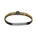 Bracelet en acier et cuir noir, cordon jaune et pastille motif roue 20+1cm double fermoir Artemare