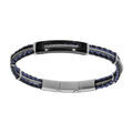 Bracelet en acier cordon bleu et noir avec c&acirc;ble gris pi&egrave;ce rectangulaire au centre longueur 20+1cm double fermoir