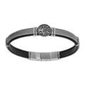 Bracelet en acier et cuir bovin noir, 3 rangs c&acirc;ble gris au centre et pastille motif arbre de vie longueur 20+1cm double fermoir Artemare