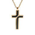 Colliers sur Artemare : Collier en acier et PVD jaune cha&icirc;ne maille for&ccedil;at avec pendentif croix 35 x 25mm motifs noirs longueur 55+5cm