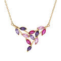 Collier en plaqu&eacute; or motif v&eacute;g&eacute;tal empierr&eacute; violet, rose et fuschia 40+5cm