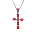 Collier en argent rhodi&eacute; pendentif croix avec oxydes rouges et oxyde central violet 38+5cm
