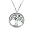 Collier argent rhodi&eacute; pendentif arbre de vie contour perl&eacute; avec oxydes verts 42+3cm