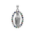 Pendentif argent rhodi&eacute; ovale vierge Lourdes avec oxydes multi couleurs - 18X12 Artemare