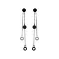 Boucles d'oreille tige acier, deux cha&icirc;nette avec pastilles PVD noir