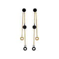 Boucles d'oreille tige acier dor&eacute;, deux cha&icirc;nettes avec pastilles PVD noir Artemare