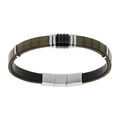 Bracelet en acier et cuir bovin vert kaki avec barrettes 20+1cm double fermoir