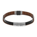 Bracelet en acier et cuir bovin marron clair avec barrettes PVD noir 20+1cm double fermoir Artemare