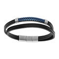 Bracelet en acier double cuir bovin noir avec tresse PVD bleu double fermoir 20.5+1.5cm Artemare