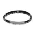 Bracelets sur Artemare : Bracelet en acier et cuir bovin noir avec c&acirc;ble tresse PVD noir double fermoir