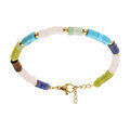 Bracelet en acier rondelles sodalite, olivine, quartz, oeil de tigre v&eacute;ritable et turquoise imitation 16+3cm