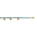 Bracelet en acier et PVD dor&eacute; verre et turquoise imitation avec pampilles pastilles 16+3cm