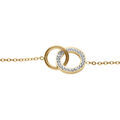 Bracelet en acier PVD dor&eacute; double cercle entrelac&eacute;s r&eacute;sine et strass blancs 17+3cm