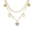 Collier en acier et PVD dor&eacute; 2 rangs cha&icirc;ne boules et pampilles coeurs lisse et strass 40+5cm