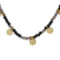 Colliers sur Artemare : Collier en acier et PVD dor&eacute; verre et labradorite noire v&eacute;ritable avec pampilles pastilles 38+7cm