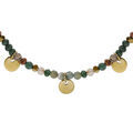 Colliers sur Artemare : Collier en acier et PVD dor&eacute; verre et agate verte v&eacute;ritable avec pampilles pastilles 38+7cm