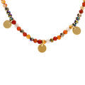 Colliers sur Artemare : Collier en acier et PVD dor&eacute; verre et pierre rouge v&eacute;ritable avec pampilles pastilles 38+7cm
