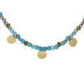 Colliers sur Artemare : Collier en acier et PVD dor&eacute; verre et pierre turquoise imitation avec pampilles pastilles 38+7cm