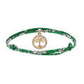 Bracelet liberty tissu fleuri vert une pampille arbre de vie plaqu&eacute; or avec oxydes blancs sertis, r&eacute;glable Artemare