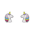 Boucles d'oreille tige argent rhodi&eacute; t&ecirc;te licorne multicolore