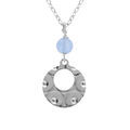 Collier argent rhodi&eacute; pendentif rond martel&eacute; avec 1 boule jade bleu ciel r&eacute;glable 40 &agrave; 45cm
