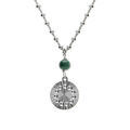 Collier argent rhodi&eacute; cha&icirc;ne boules pendentif cercle diamant&eacute; avec 1 boule malachite v&eacute;ritable r&eacute;glable 40 &agrave; 45cm
