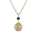 Collier argent dor&eacute; jaune cha&icirc;ne boules pendentif cercle diamant&eacute; avec 1 boule malachite v&eacute;ritable r&eacute;glable 40 &agrave; 45cm