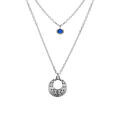 Collier argent rhodi&eacute; double cha&icirc;ne pendentif diamant&eacute; et 1 oxyde bleu r&eacute;glable 40 &agrave; 45cm