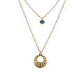 Collier argent dor&eacute; jaune double cha&icirc;ne pendentif diamant&eacute; et 1 oxyde bleu r&eacute;glable 40 &agrave; 45cm