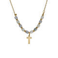 Collier argent dor&eacute; croix avec perles nacre v&eacute;ritable blanche et teint&eacute;e bleu r&eacute;glable 40 &agrave; 45cm