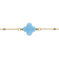Bracelet en argent dor&eacute; cha&icirc;ne boules tr&egrave;fle en verre facet&eacute; bleu ciel 16+3cm