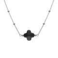 Collier en argent rhodi&eacute; cha&icirc;ne boules et tr&egrave;fle en verre facet&eacute; noir 38+5cm