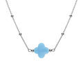 Collier en argent rhodi&eacute; cha&icirc;ne boules et tr&egrave;fle en verre facet&eacute; bleu ciel 38+5cm