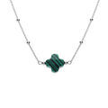 Collier en argent rhodi&eacute; cha&icirc;ne boules et tr&egrave;fle en verre facet&eacute; vert fonc&eacute; 38+5cm