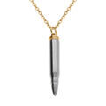Collier en acier cha&icirc;ne dor&eacute;e avect pendentif acier balle de fusil porte poudre de 7 x 43mm, longueur totale 55+5cm
