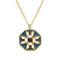 Collier en acier dor&eacute; avec pendentif r&eacute;sine bleu et oxydes blancs, 40+5cm