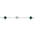 Bracelet en argent rhodi&eacute; tr&egrave;fle en verre vert malachite imitation et fleurs oxydes blancs 15.5+2.5cm