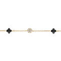 Bracelet en argent dor&eacute; tr&egrave;fle en verre noir et fleurs oxydes blancs 15.5+2.5cm Artemare