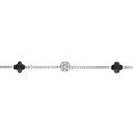 Bracelet en argent rhodi&eacute; tr&egrave;fle en verre noir et fleurs d'oxydes blancs 15.5+2.5cm Artemare