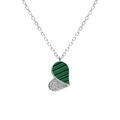 Collier en argent rhodi&eacute; avec pendentif coeur avec oxydes blancs et malachite v&eacute;ritable - 39+4cm