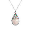 Collier en argent rhodi&eacute; pendentif oval nacre blanche v&eacute;ritable et feuillage r&eacute;sine multicolore - 40+4cm Artemare