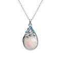 Collier en argent rhodi&eacute; pendentif oval nacre blanche v&eacute;ritable et feuillage r&eacute;sine bleue - 40+4cm Artemare