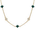 Collier en argent dor&eacute; tr&egrave;fle en verre vert malachite imitation et fleurs oxydes blancs - 42+3cm Artemare