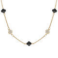Collier en argent dor&eacute; tr&egrave;fle en verre noir et fleurs oxydes blancs - 42+3cm