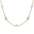 Collier en argent dor&eacute; tr&egrave;fle en verre rose et fleurs oxydes blancs - 42+3cm
